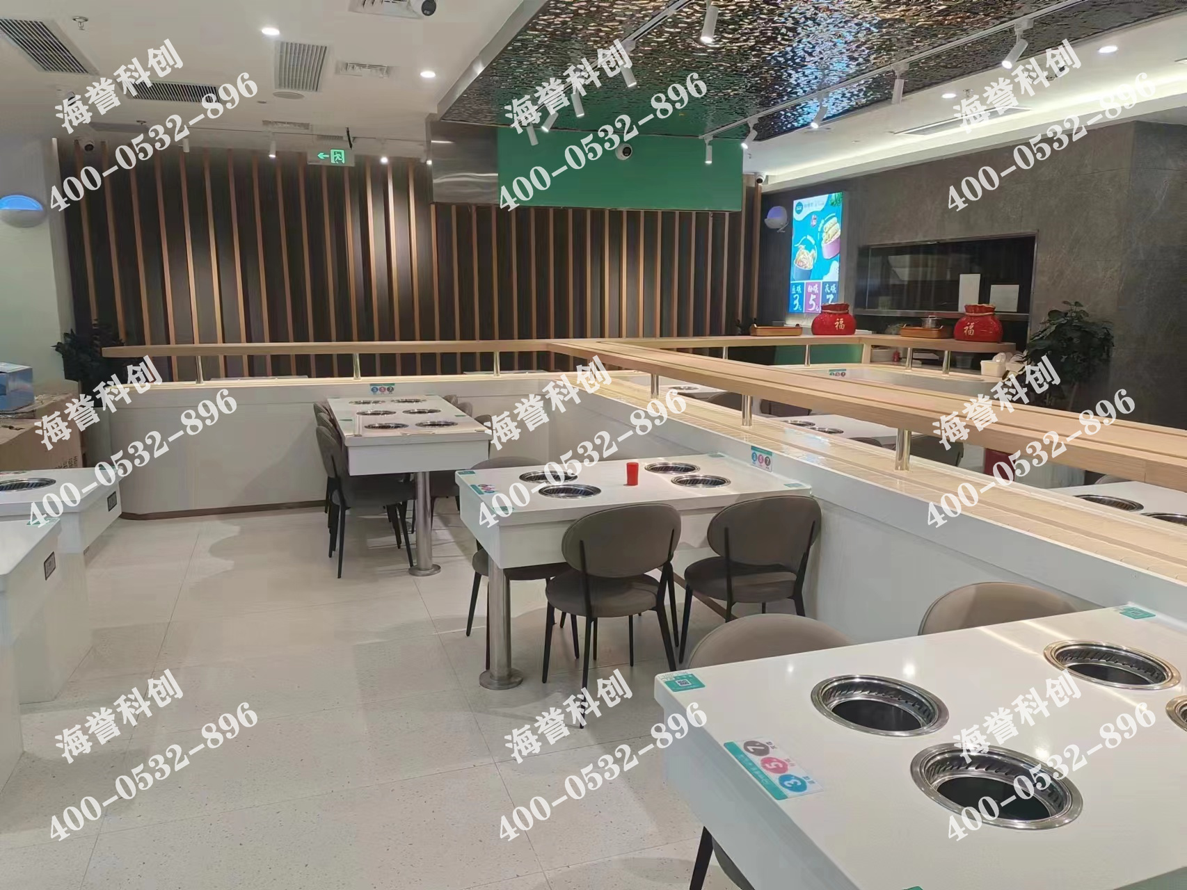 海譽科創(chuàng)廣東珠海單涮無煙小火鍋搭載智能送餐小火車安裝完成